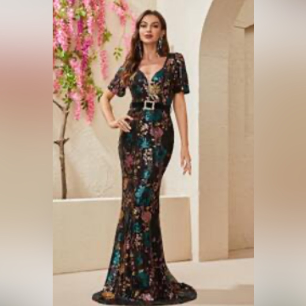 Floral Sequin Gown with Belt